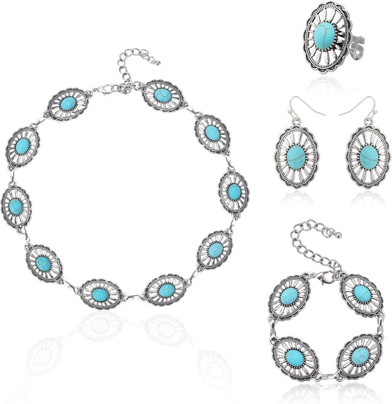 JMScape 4 PCS Western Turquoise Jewelry for Women Boho Vintage Navajo Pearl Necklace Earring Bracelet Ring Set Country Cowgirl Accessories for Gift - Image 1